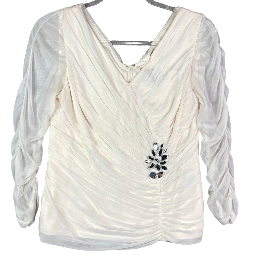 Adrianna Papell Evening Essentials Ivory Ruched‎ Mesh V-Neck Blouse Brooch 8P
